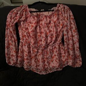 Pink Lily Floral Blouse with Red and Orange Accents